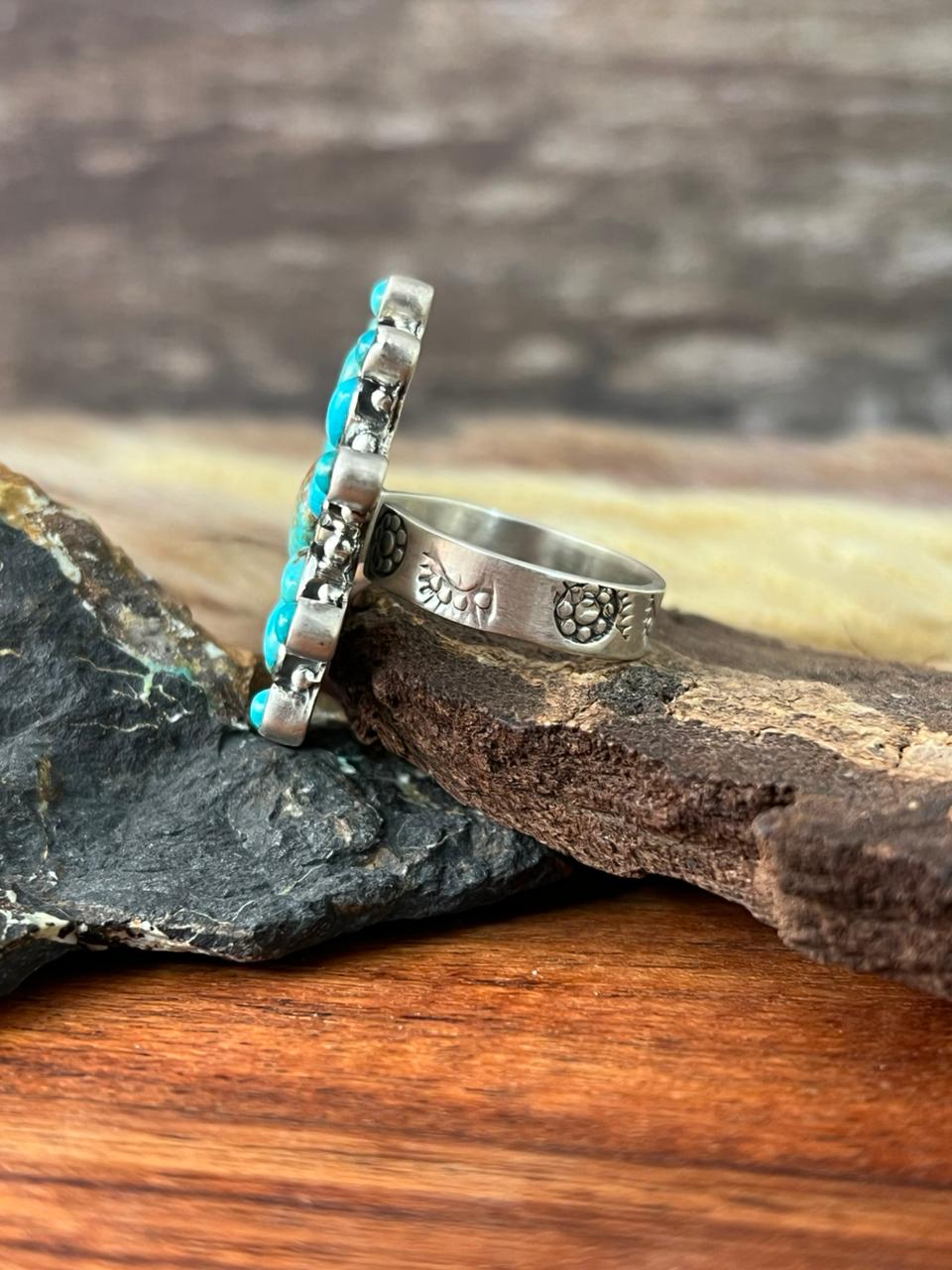 Handmade Sterling Silver Number 8 with Kingman Turquoise Adjustable Ring "Signed Nizhoni"