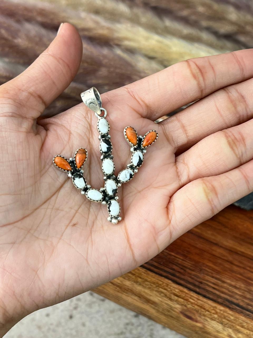 Handmade Sterling Silver Orange Mojave with White Buffalo Pendant "Signed Nizhoni"