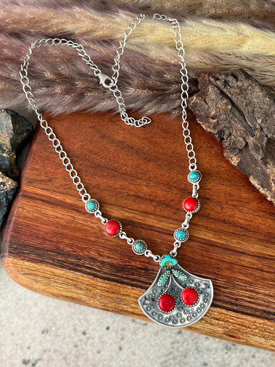 Handmade Sterling Silver Rosarita with Kingman and Sonoran Mountain Turquoise Cherry Necklace "Signed Nizhoni"