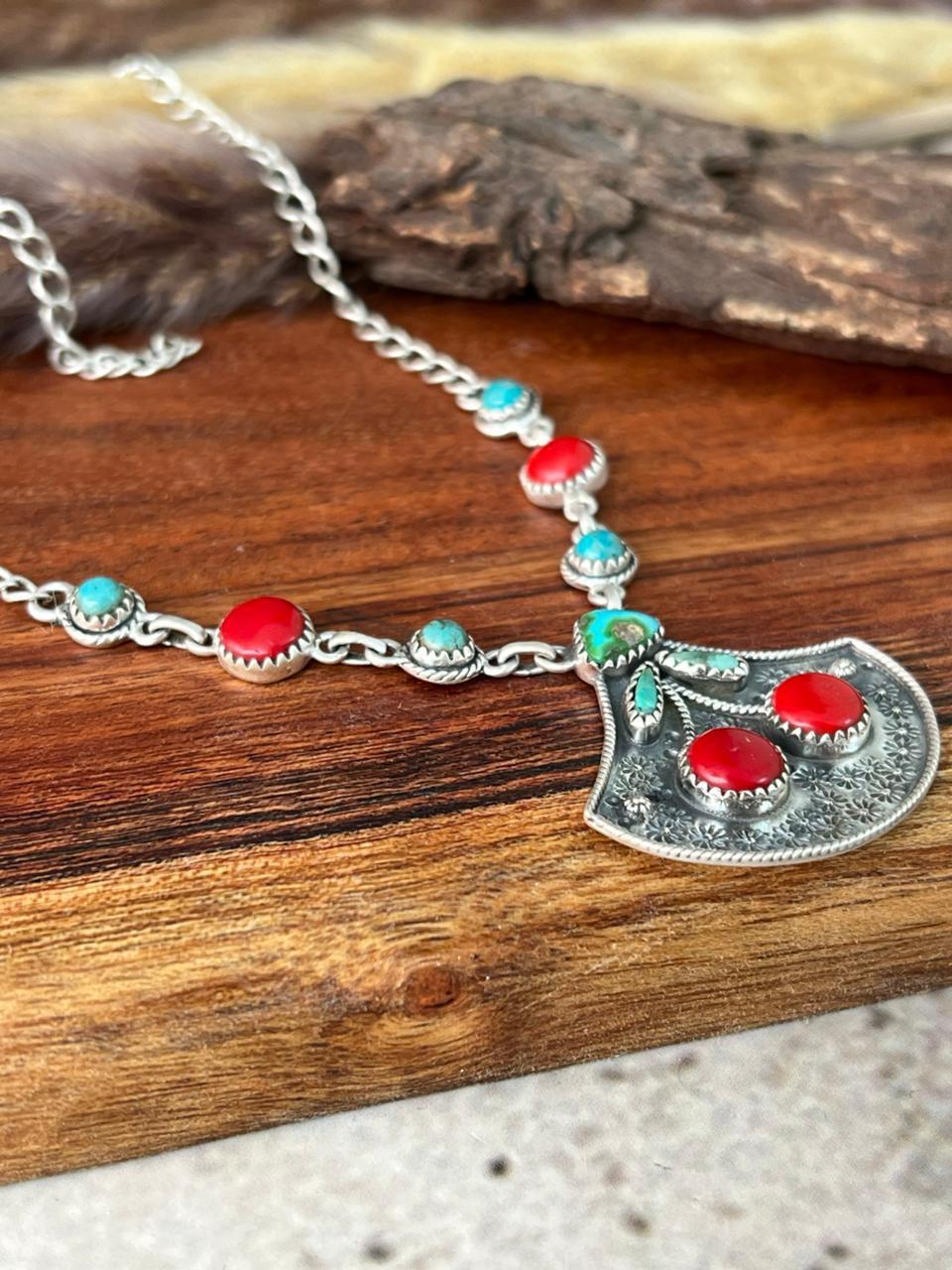 Handmade Sterling Silver Rosarita with Kingman and Sonoran Mountain Turquoise Cherry Necklace "Signed Nizhoni"
