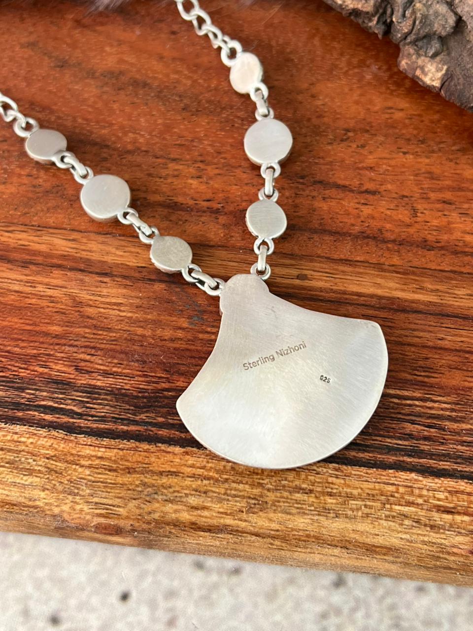 Handmade Sterling Silver Rosarita with Kingman and Sonoran Mountain Turquoise Cherry Necklace "Signed Nizhoni"