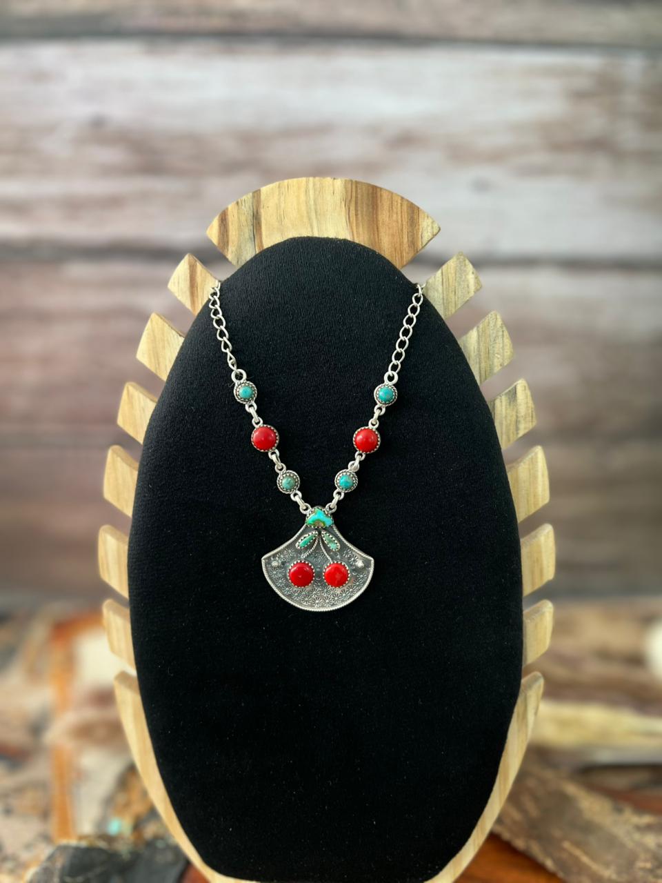 Handmade Sterling Silver Rosarita with Kingman and Sonoran Mountain Turquoise Cherry Necklace "Signed Nizhoni"