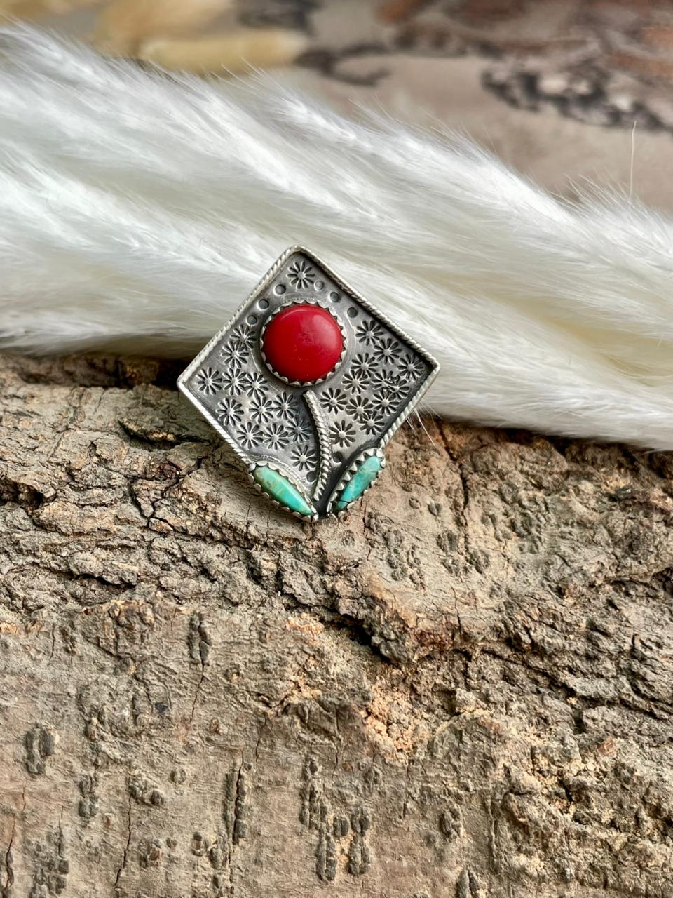 Handmade Sterling Silver Rosarita with Kingman Turquoise Cherry Adjustable Ring "Signed Nizhoni"