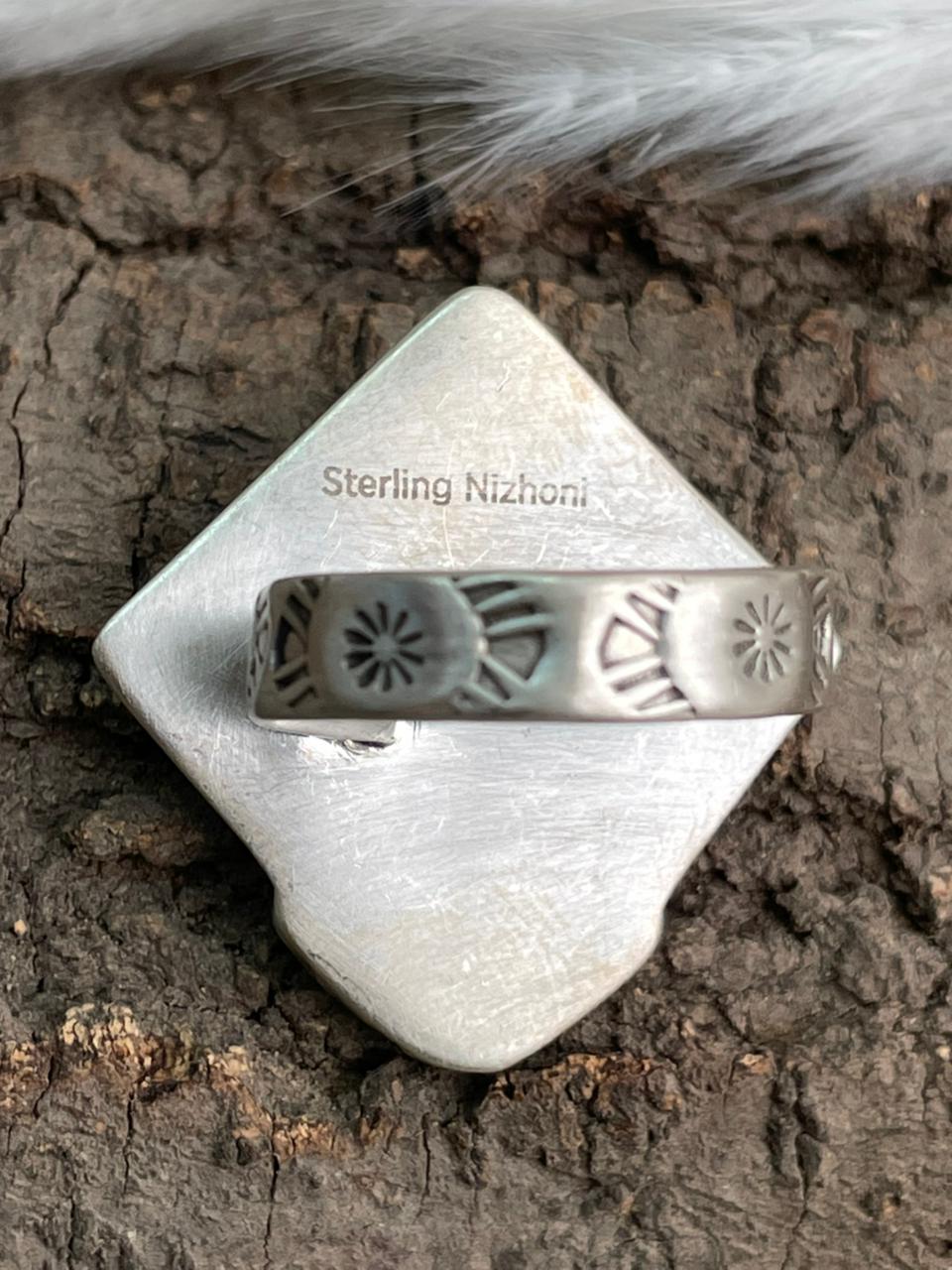 Handmade Sterling Silver Rosarita with Kingman Turquoise Cherry Adjustable Ring "Signed Nizhoni"