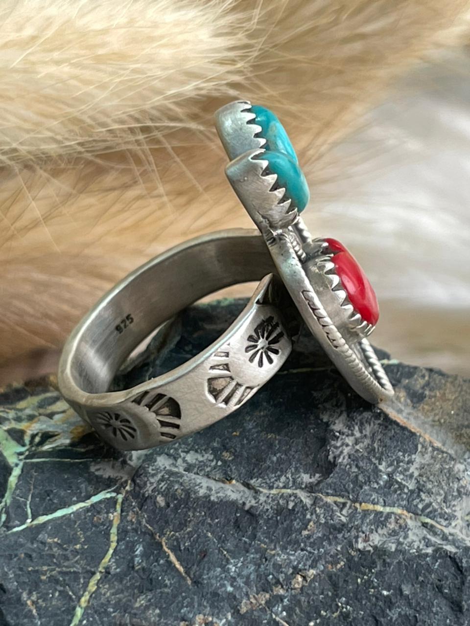 Handmade Sterling Silver Rosarita with Kingman Turquoise Cherry Adjustable Ring "Signed Nizhoni"