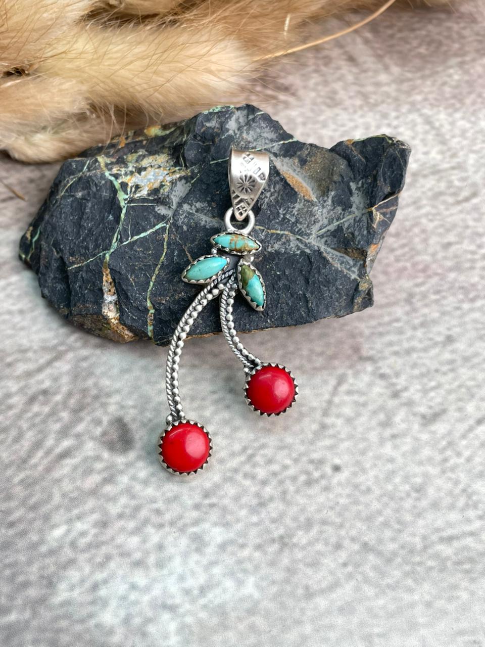 Handmade Sterling Silver Rosarita with Kingman Turquoise Cherry Pendant "Signed Nizhoni"