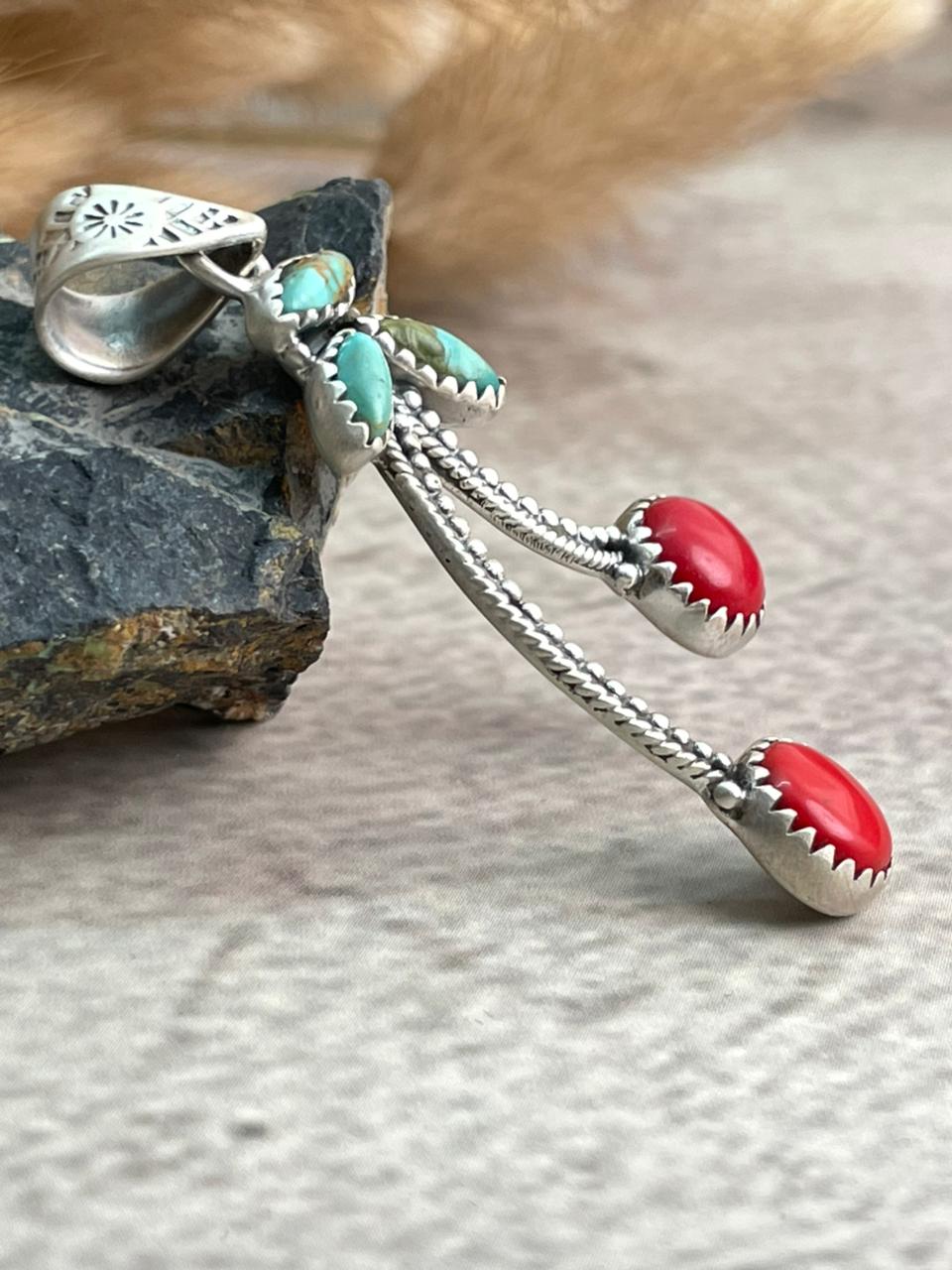 Handmade Sterling Silver Rosarita with Kingman Turquoise Cherry Pendant "Signed Nizhoni"