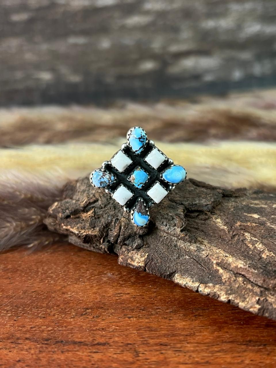 Handmade Sterling Silver Canyon Sunset Collection: Golden Hills Turquoise with White Buffalo Adjustable Ring "Signed Nizhoni"