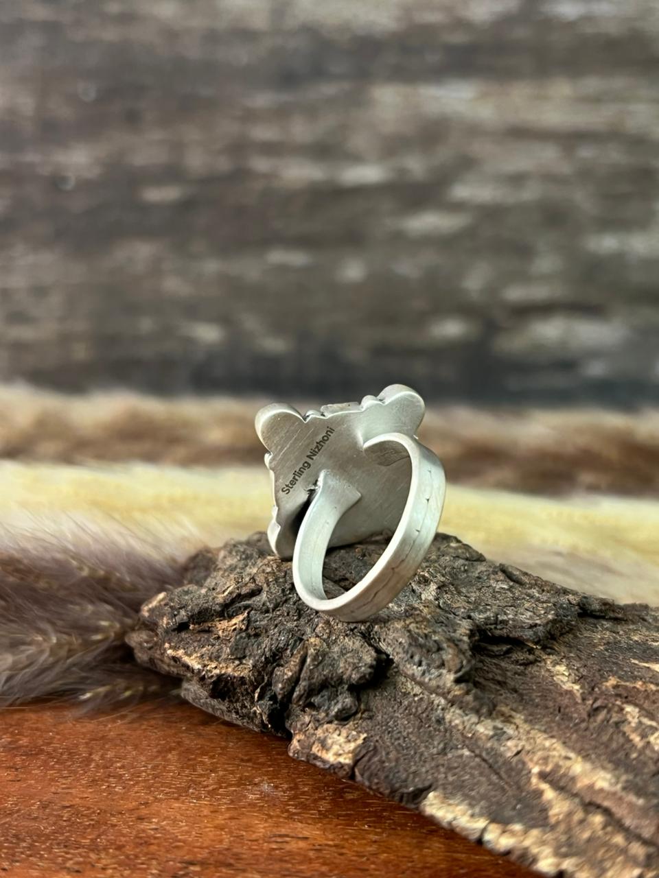 Handmade Sterling Silver Canyon Sunset Collection: Golden Hills Turquoise with White Buffalo Adjustable Ring "Signed Nizhoni"