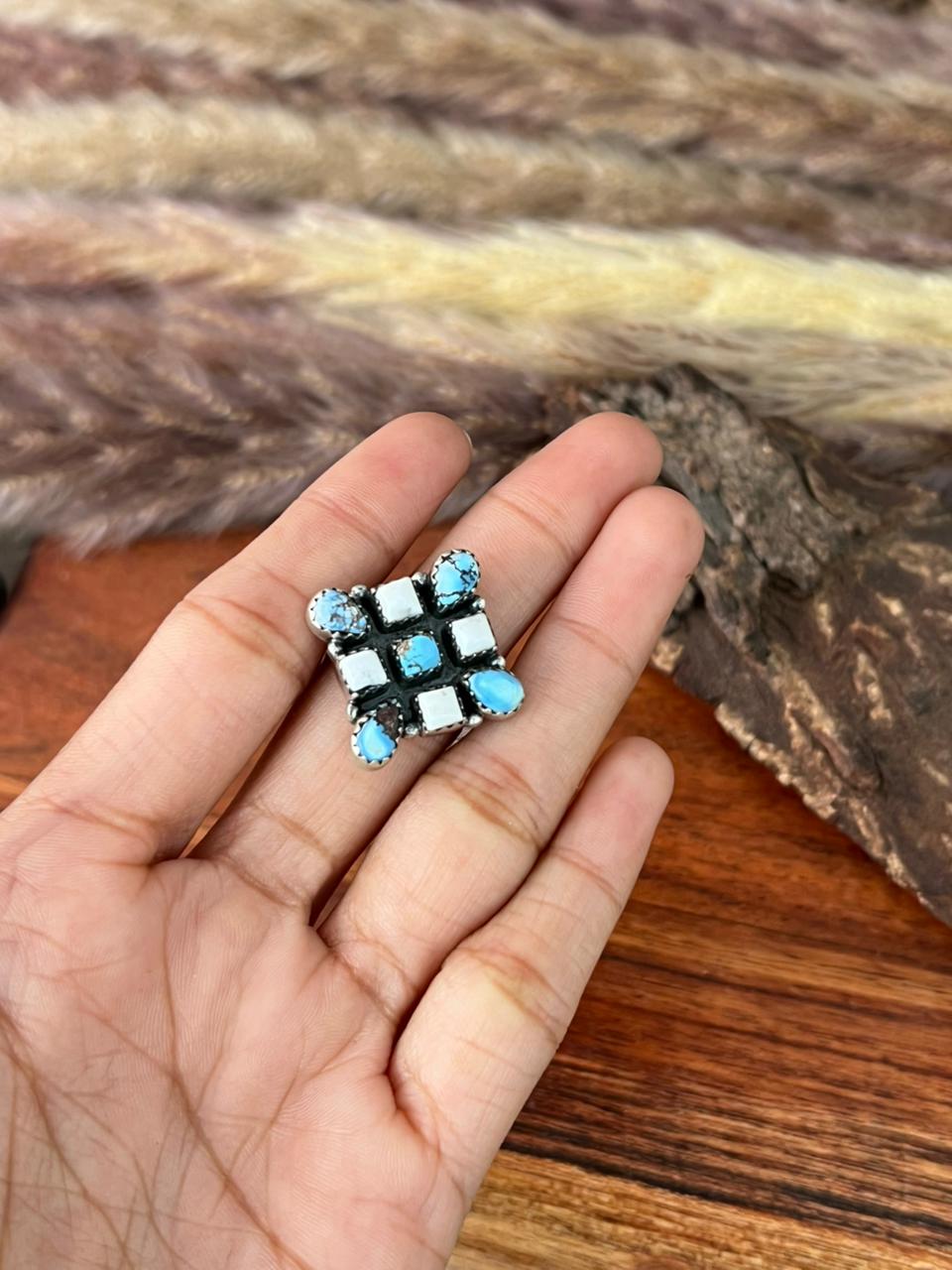 Handmade Sterling Silver Canyon Sunset Collection: Golden Hills Turquoise with White Buffalo Adjustable Ring "Signed Nizhoni"