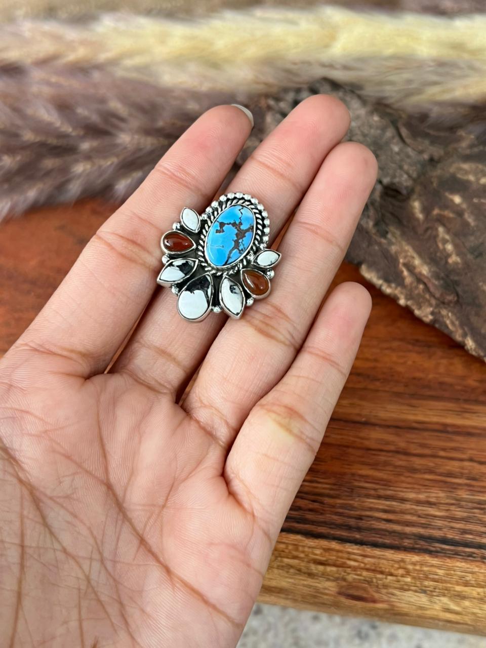 Handmade Sterling Silver Canyon Sunset Collection: Golden Hills Turquoise with White Buffalo and Carnelian Adjustable Ring "Signed Nizhoni"