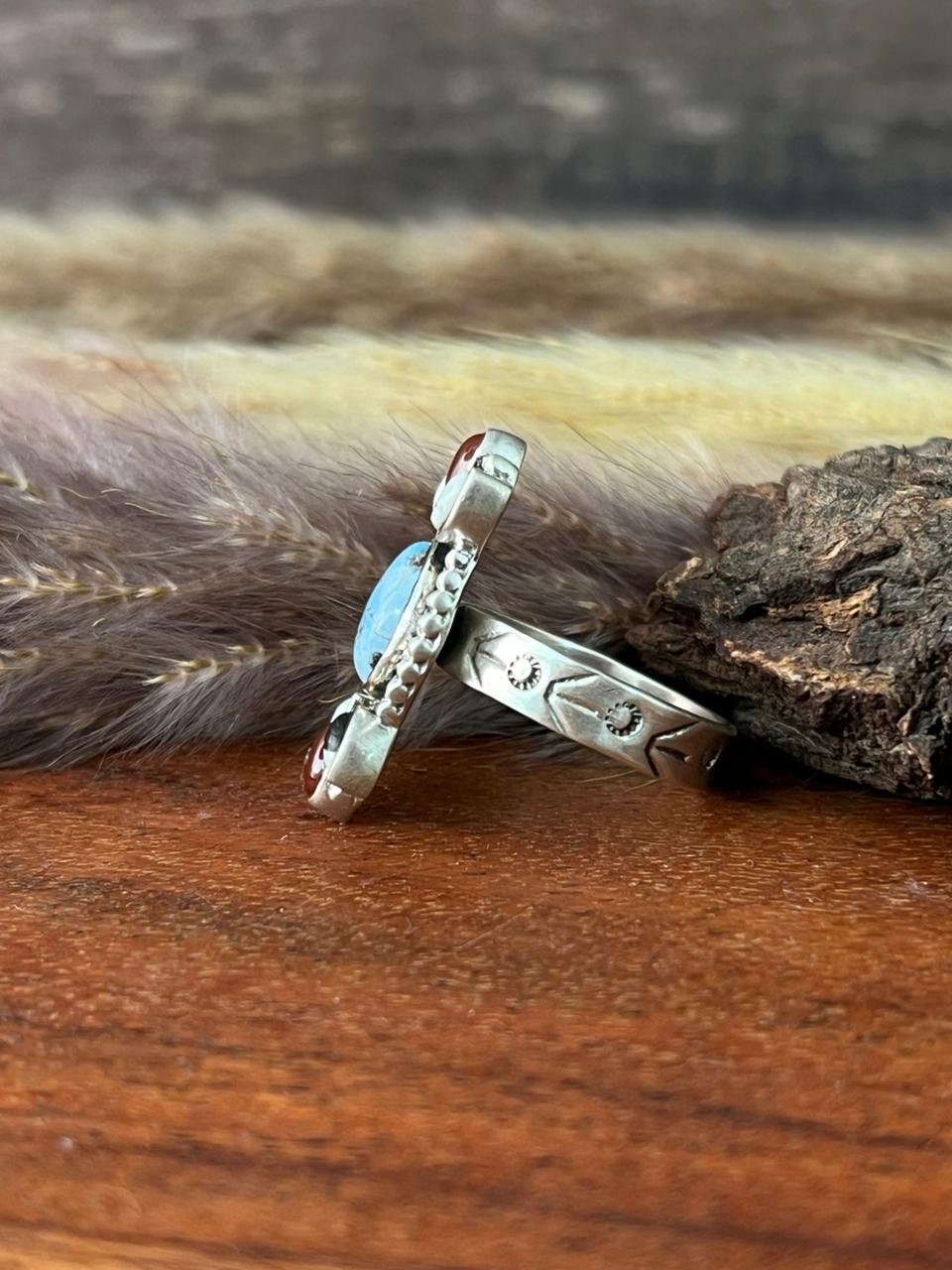 Handmade Sterling Silver Canyon Sunset Collection: Golden Hills Turquoise with White Buffalo and Carnelian Adjustable Ring "Signed Nizhoni"
