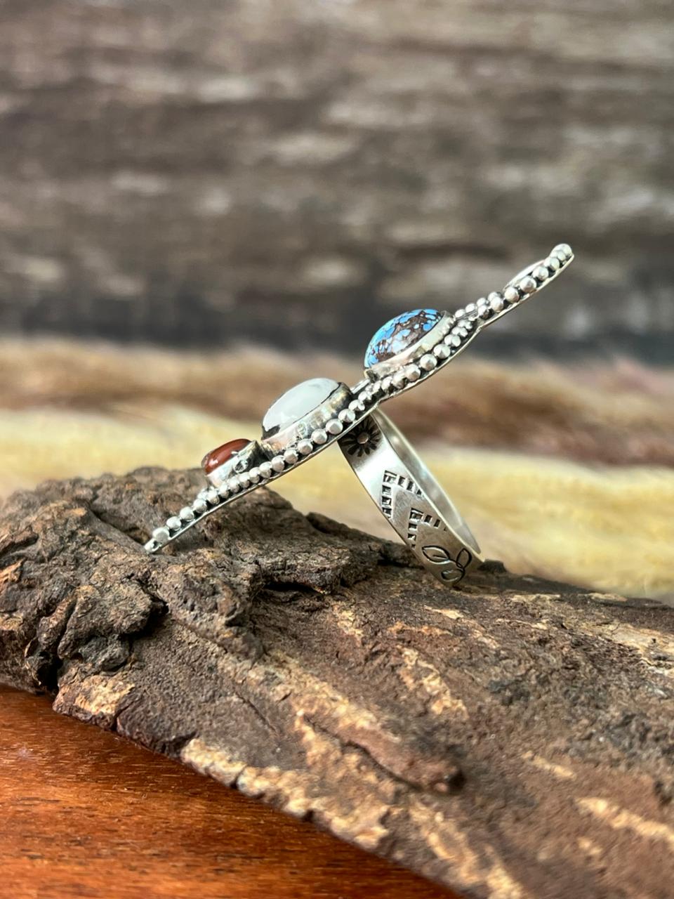 Handmade Sterling Silver Canyon Sunset Collection: Golden Hills Turquoise with White Buffalo and Carnelian Adjustable Ring "Signed Nizhoni"