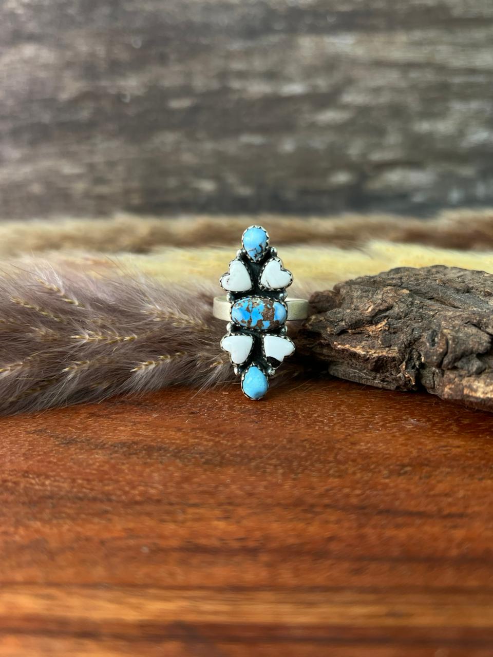 Handmade Sterling Silver Canyon Sunset Collection: Golden Hills Turquoise with White Buffalo Adjustable Ring "Signed Nizhoni"