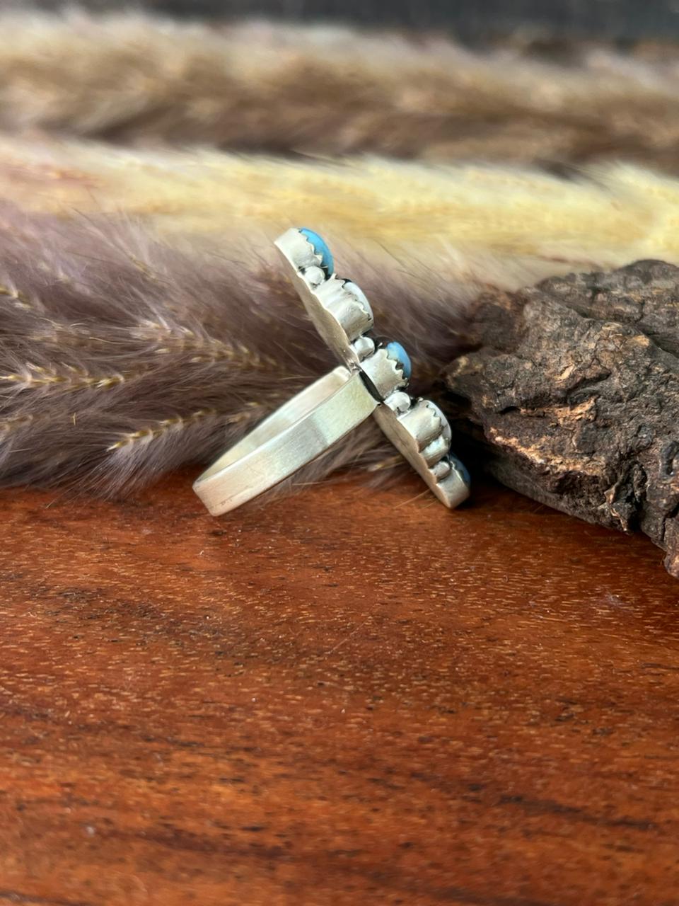 Handmade Sterling Silver Canyon Sunset Collection: Golden Hills Turquoise with White Buffalo Adjustable Ring "Signed Nizhoni"