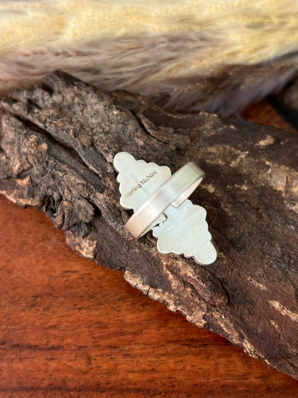 Handmade Sterling Silver Canyon Sunset Collection: Golden Hills Turquoise with White Buffalo Adjustable Ring "Signed Nizhoni"