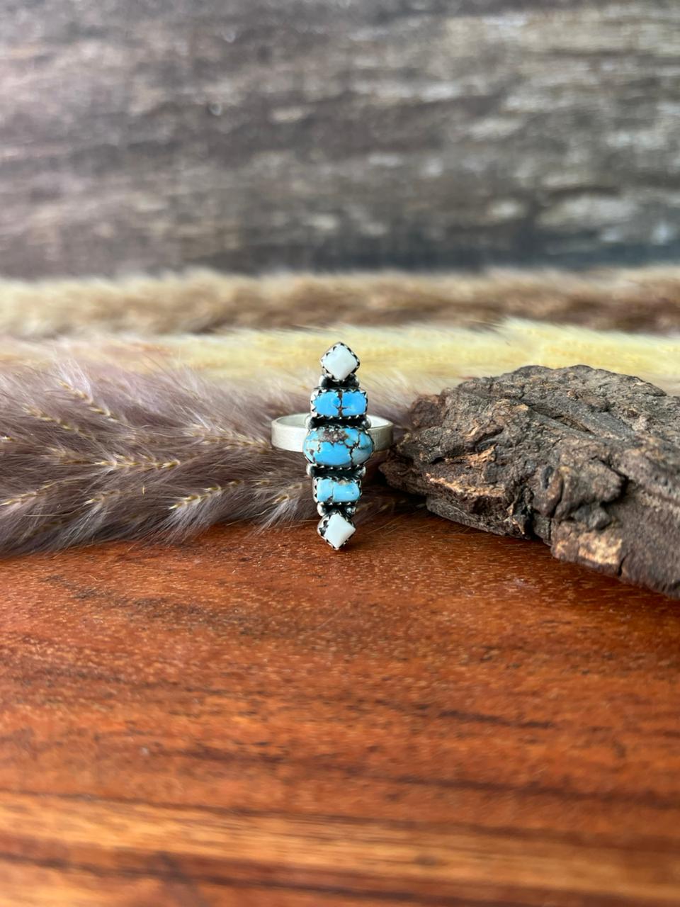 Handmade Sterling Silver Canyon Sunset Collection: Golden Hills Turquoise with White Buffalo Adjustable Ring "Signed Nizhoni"