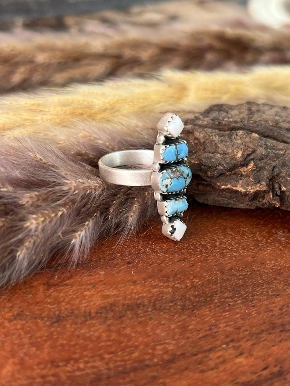 Handmade Sterling Silver Canyon Sunset Collection: Golden Hills Turquoise with White Buffalo Adjustable Ring "Signed Nizhoni"