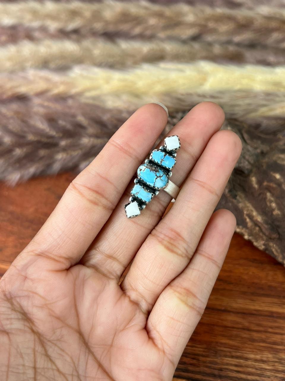 Handmade Sterling Silver Canyon Sunset Collection: Golden Hills Turquoise with White Buffalo Adjustable Ring "Signed Nizhoni"
