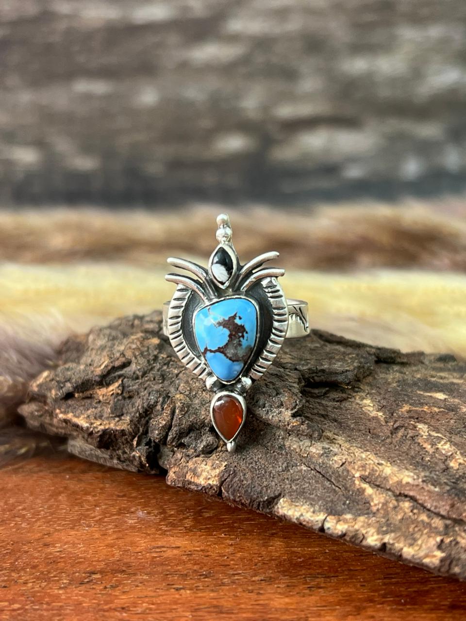 Handmade Sterling Silver Canyon Sunset Collection: Golden Hills Turquoise with White Buffalo and Carnelian Adjustable Ring "Signed Nizhoni"