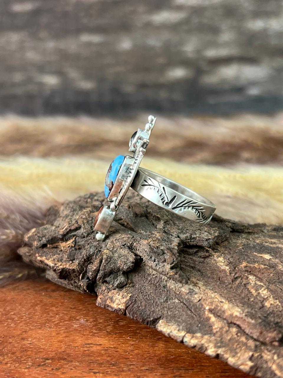 Handmade Sterling Silver Canyon Sunset Collection: Golden Hills Turquoise with White Buffalo and Carnelian Adjustable Ring "Signed Nizhoni"