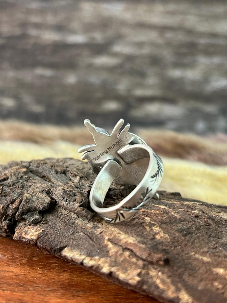 Handmade Sterling Silver Canyon Sunset Collection: Golden Hills Turquoise with White Buffalo and Carnelian Adjustable Ring "Signed Nizhoni"