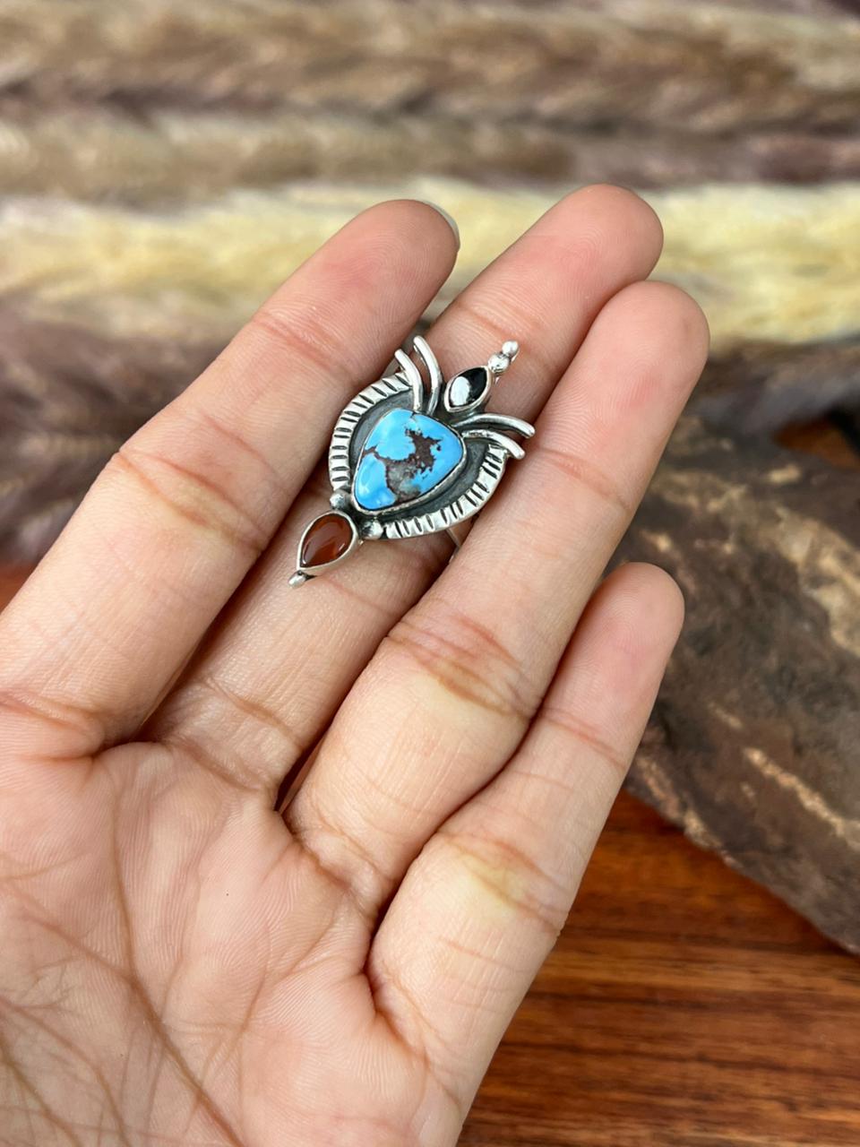 Handmade Sterling Silver Canyon Sunset Collection: Golden Hills Turquoise with White Buffalo and Carnelian Adjustable Ring "Signed Nizhoni"
