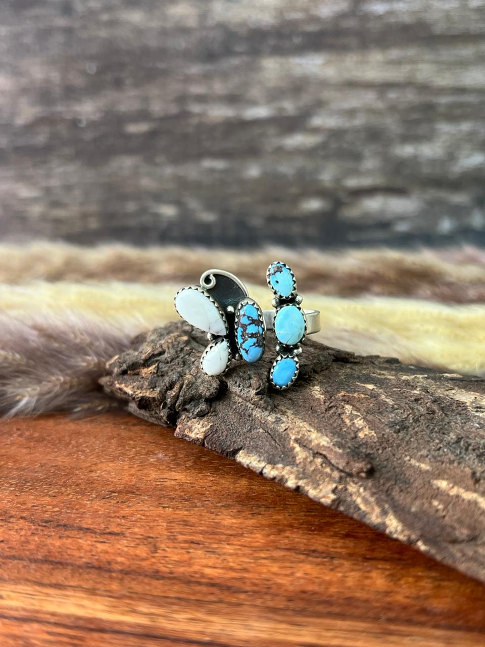 Handmade Sterling Silver Canyon Sunset Collection: Golden Hills Turquoise with White Buffalo Adjustable Ring "Signed Nizhoni"
