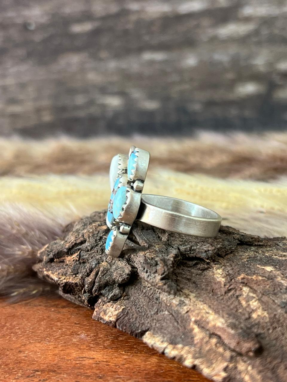 Handmade Sterling Silver Canyon Sunset Collection: Golden Hills Turquoise with White Buffalo Adjustable Ring "Signed Nizhoni"