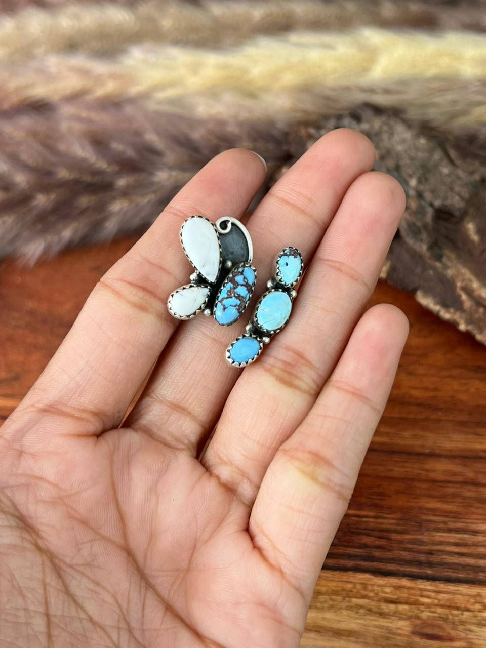 Handmade Sterling Silver Canyon Sunset Collection: Golden Hills Turquoise with White Buffalo Adjustable Ring "Signed Nizhoni"