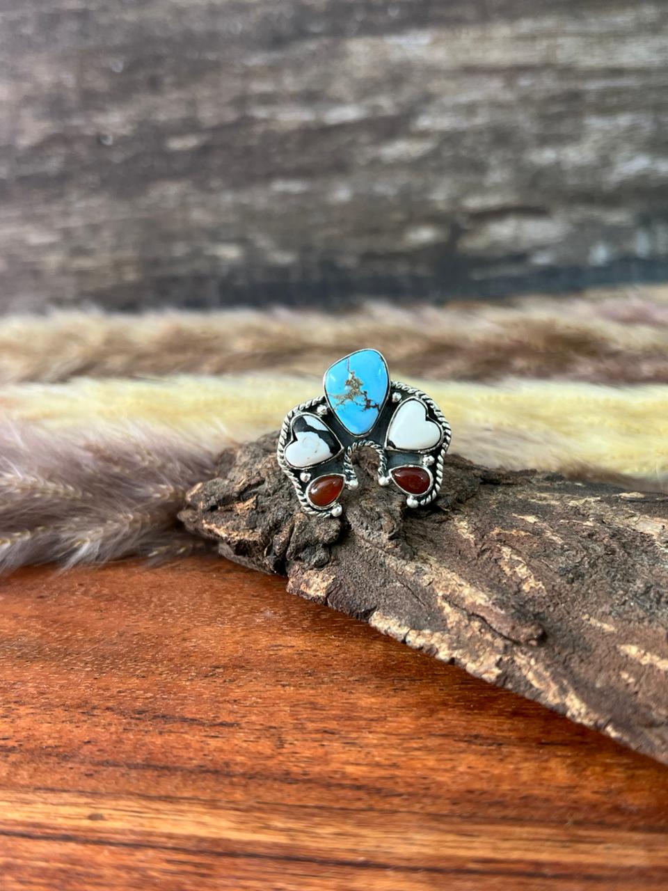 Handmade Sterling Silver Canyon Sunset Collection: Golden Hills Turquoise with White Buffalo and Carnelian Adjustable Naja Ring "Signed Nizhoni"