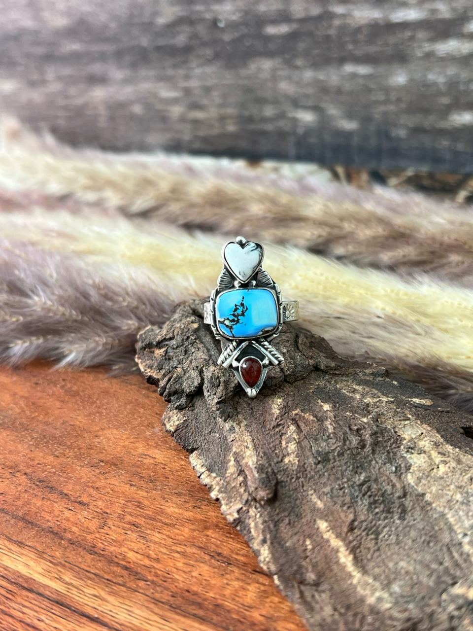 Handmade Sterling Silver Canyon Sunset Collection: Golden Hills Turquoise with White Buffalo and Carnelian Adjustable Ring "Signed Nizhoni"