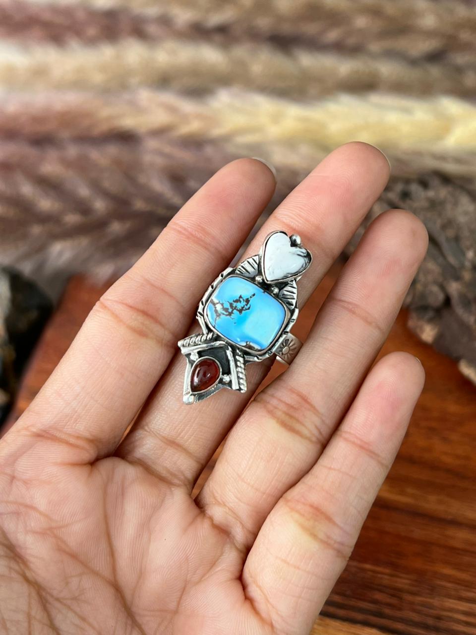 Handmade Sterling Silver Canyon Sunset Collection: Golden Hills Turquoise with White Buffalo and Carnelian Adjustable Ring "Signed Nizhoni"