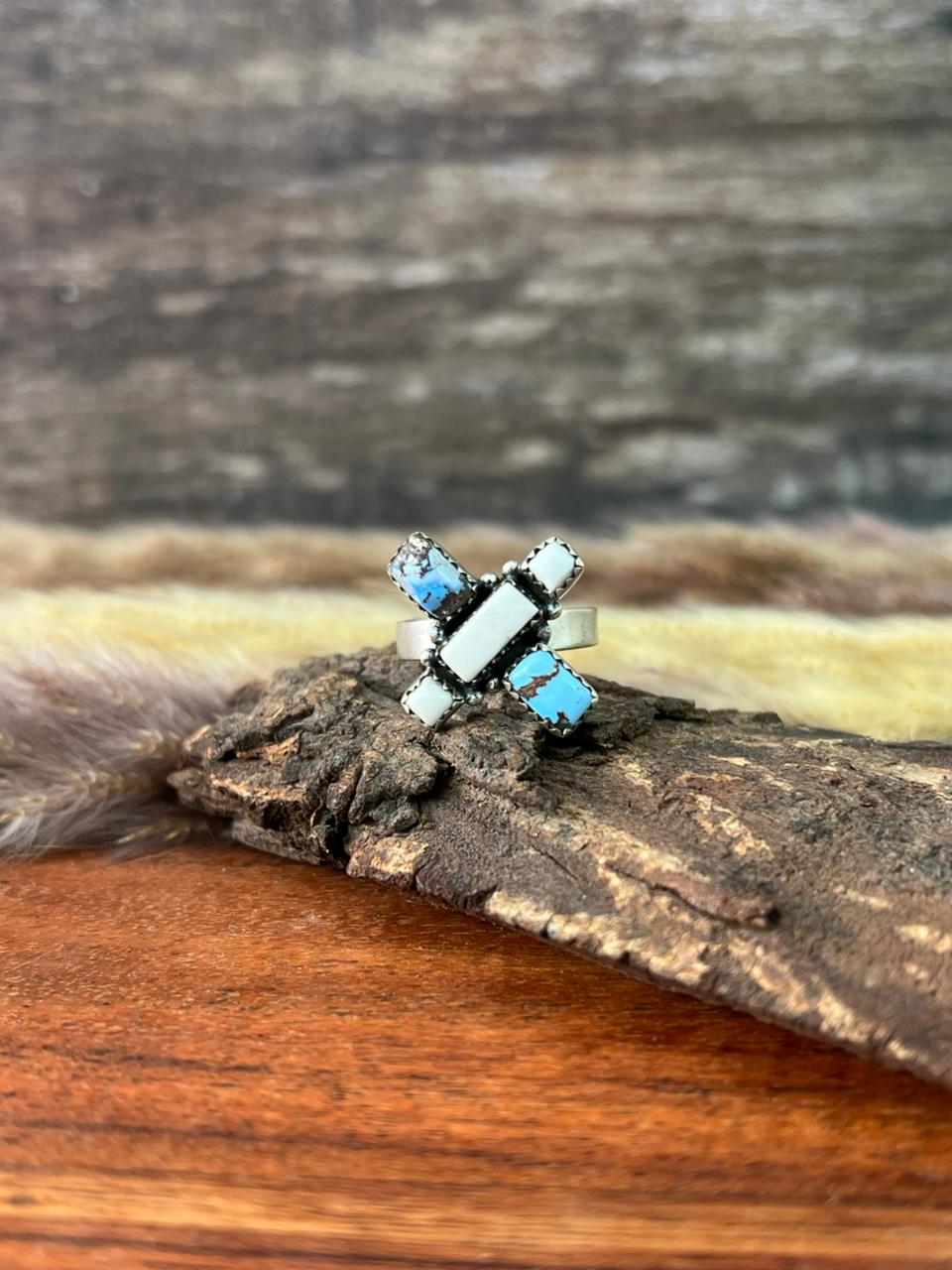 Handmade Sterling Silver Canyon Sunset Collection: Golden Hills Turquoise with White Buffalo Adjustable Ring "Signed Nizhoni"