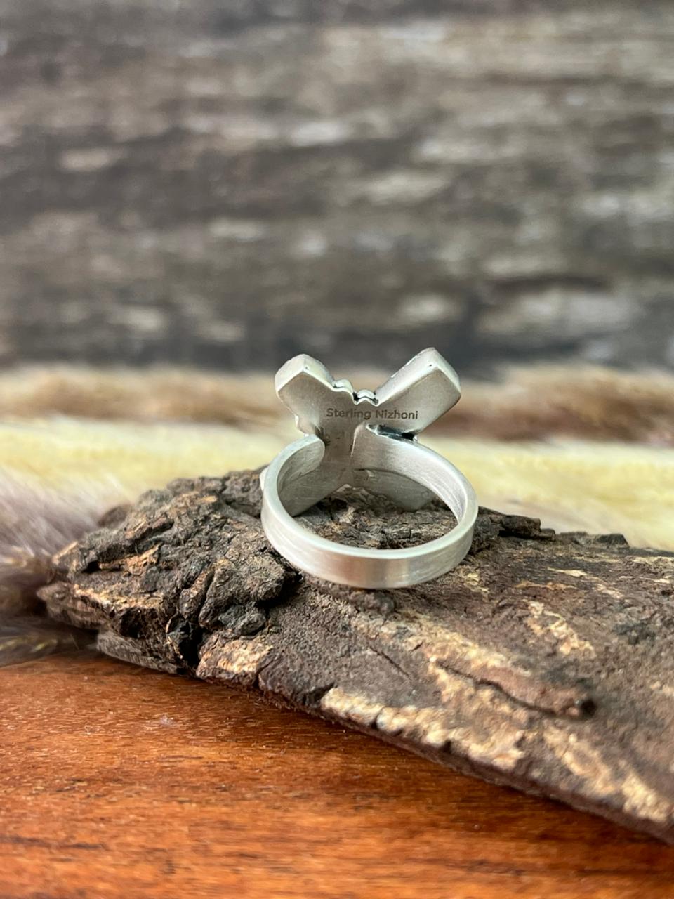Handmade Sterling Silver Canyon Sunset Collection: Golden Hills Turquoise with White Buffalo Adjustable Ring "Signed Nizhoni"