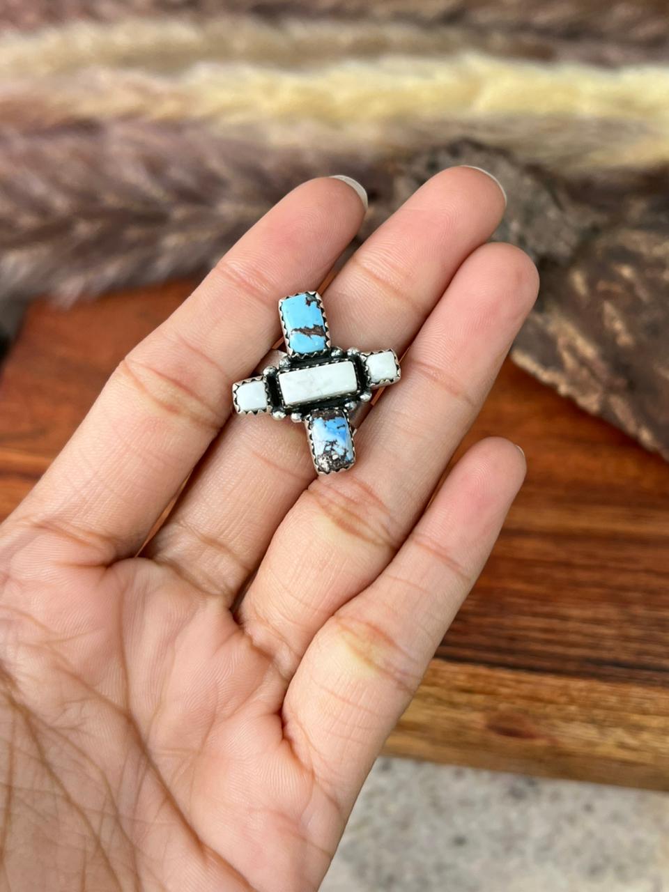 Handmade Sterling Silver Canyon Sunset Collection: Golden Hills Turquoise with White Buffalo Adjustable Ring "Signed Nizhoni"