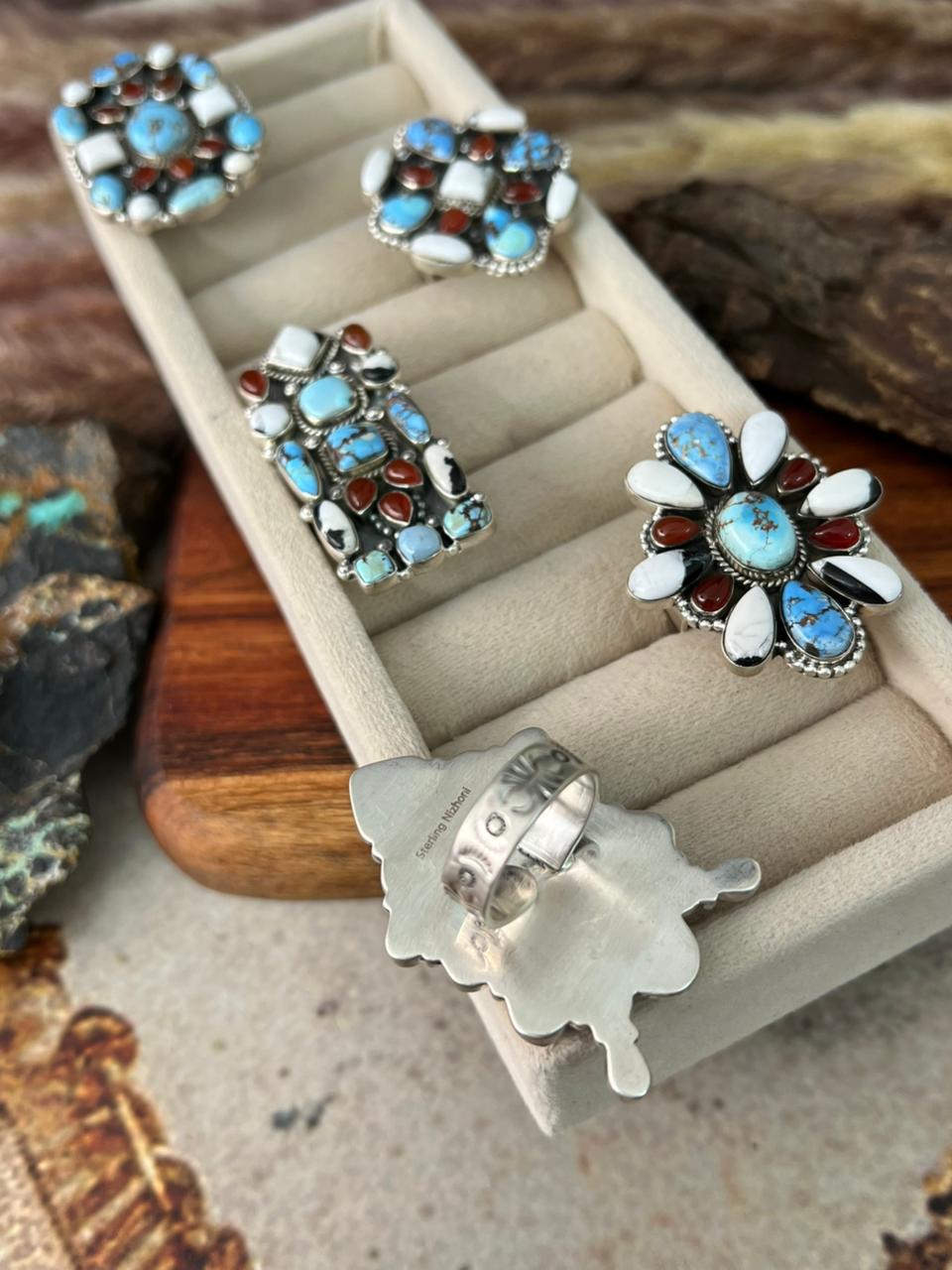 Handmade Sterling Silver Canyon Sunset Collection: Golden Hills Turquoise with White Buffalo and Carnelian Adjustable Ring "Signed Nizhoni"