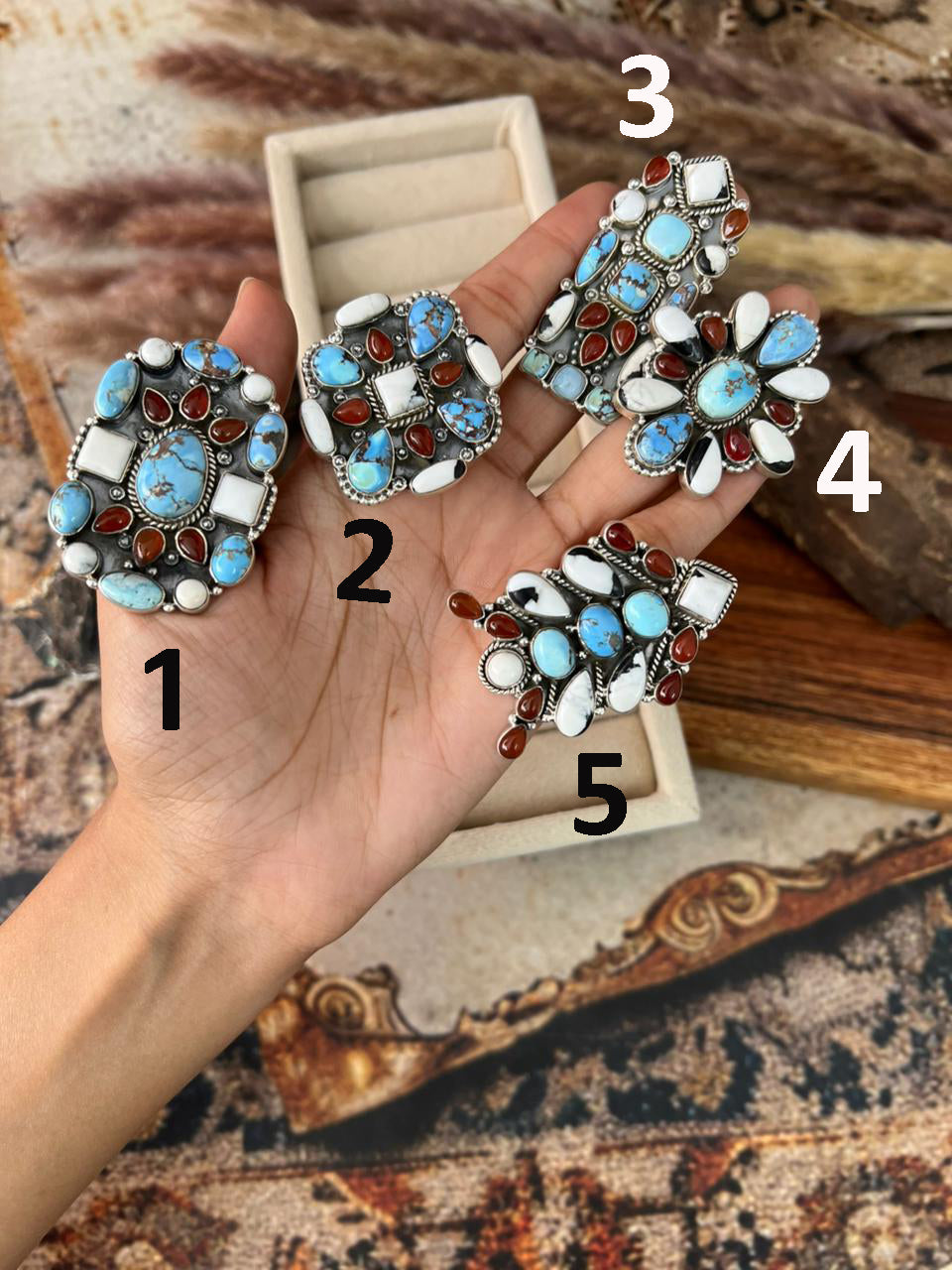 Handmade Sterling Silver Canyon Sunset Collection: Golden Hills Turquoise with White Buffalo and Carnelian Adjustable Ring "Signed Nizhoni"