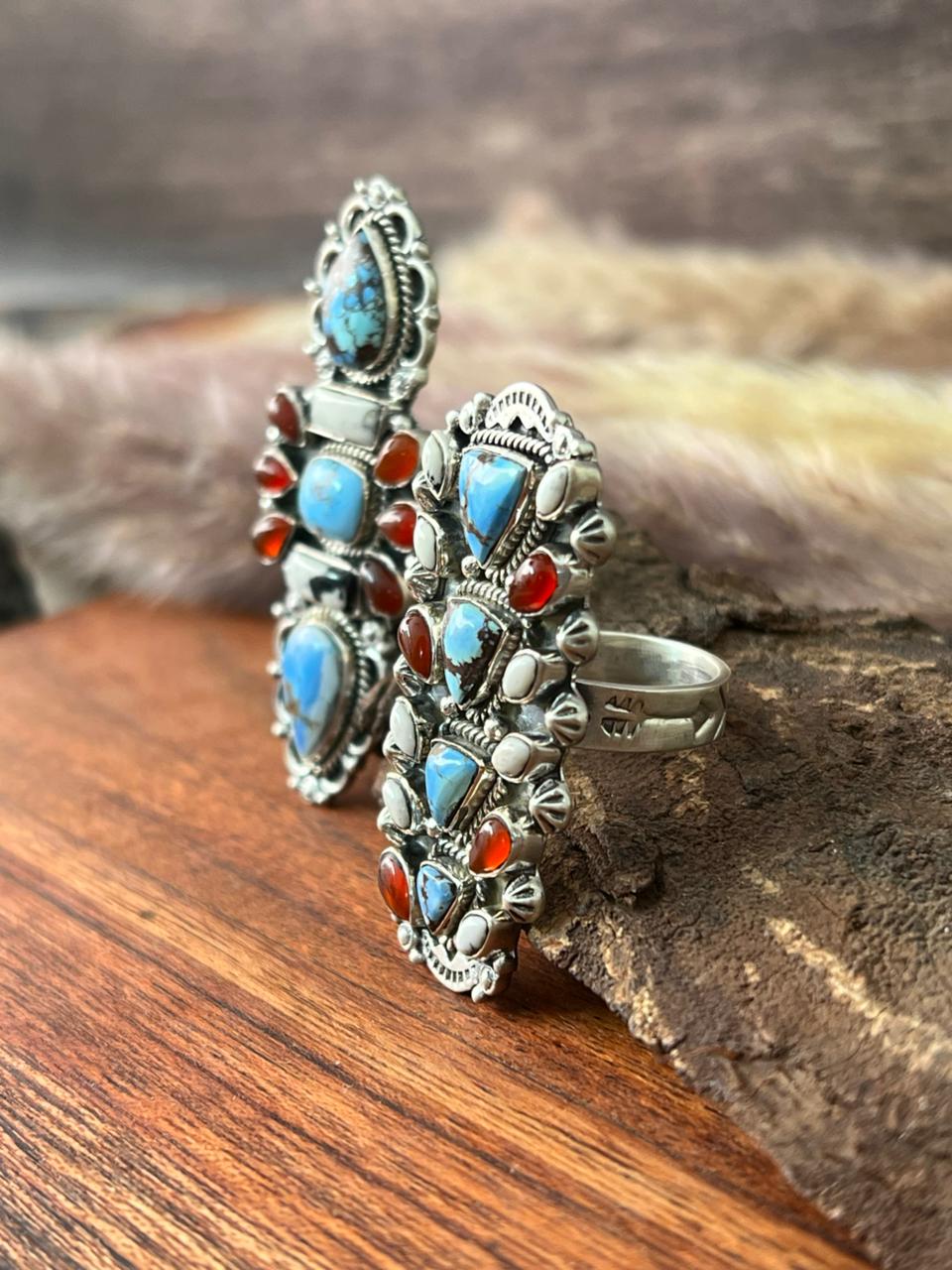 Handmade Sterling Silver Canyon Sunset Collection: Golden Hills Turquoise with White Buffalo and Carnelian Adjustable Ring "Signed Nizhoni"