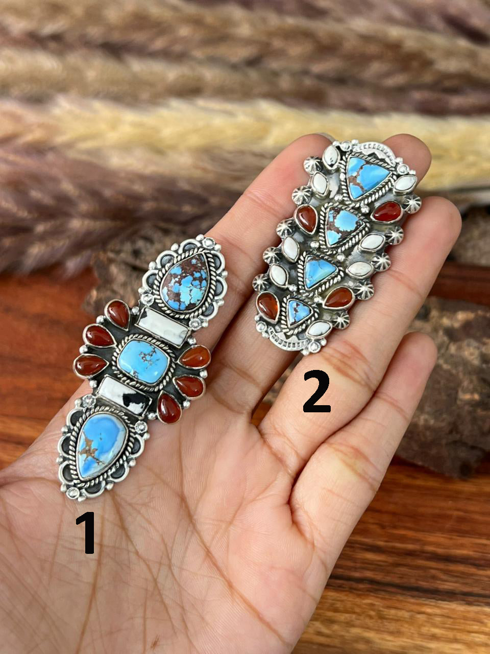 Handmade Sterling Silver Canyon Sunset Collection: Golden Hills Turquoise with White Buffalo and Carnelian Adjustable Ring "Signed Nizhoni"