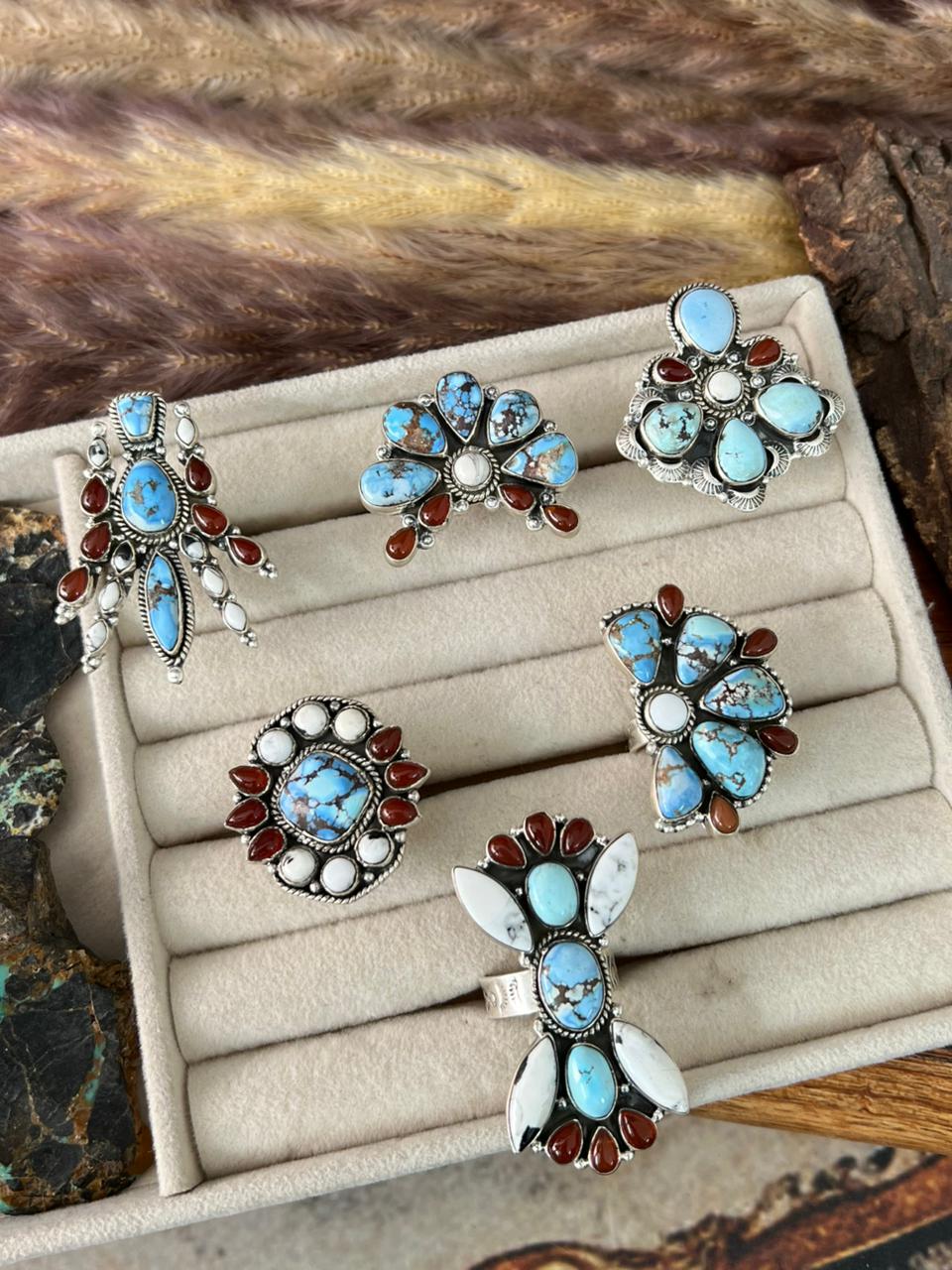 Handmade Sterling Silver Canyon Sunset Collection: Golden Hills Turquoise with White Buffalo and Carnelian Adjustable Ring "Signed Nizhoni"
