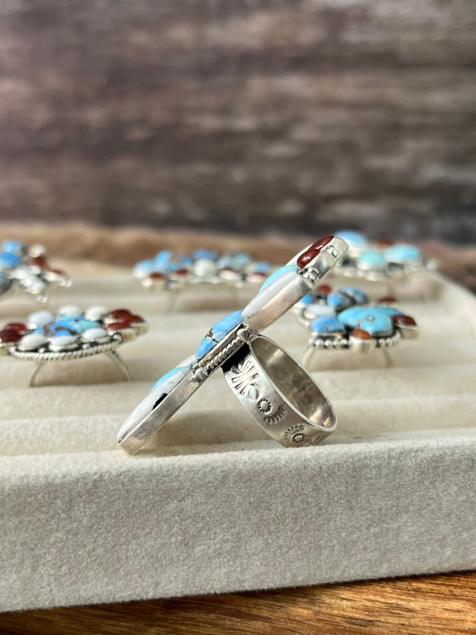 Handmade Sterling Silver Canyon Sunset Collection: Golden Hills Turquoise with White Buffalo and Carnelian Adjustable Ring "Signed Nizhoni"