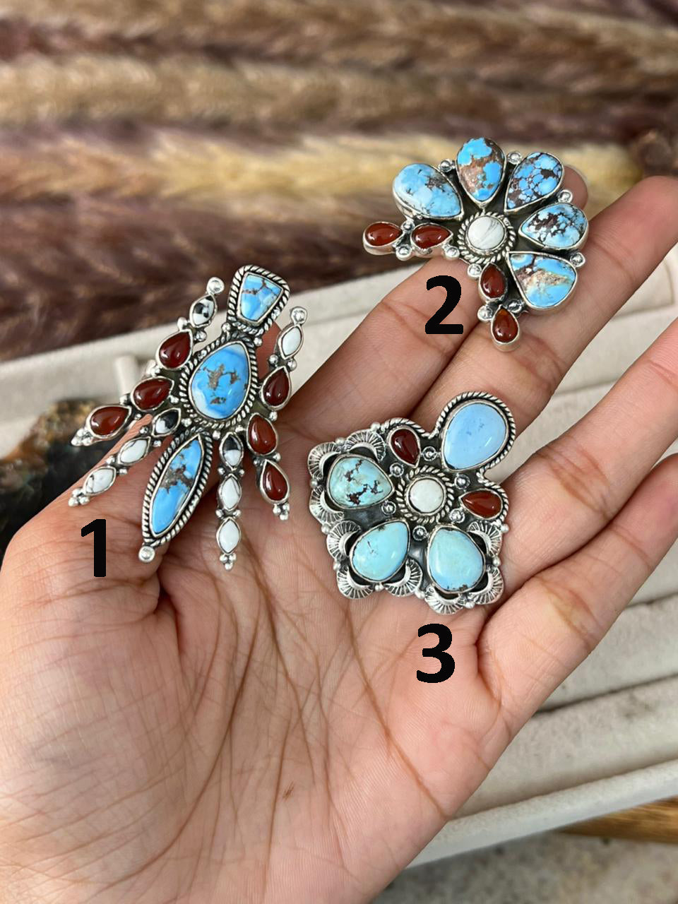Handmade Sterling Silver Canyon Sunset Collection: Golden Hills Turquoise with White Buffalo and Carnelian Adjustable Ring "Signed Nizhoni"