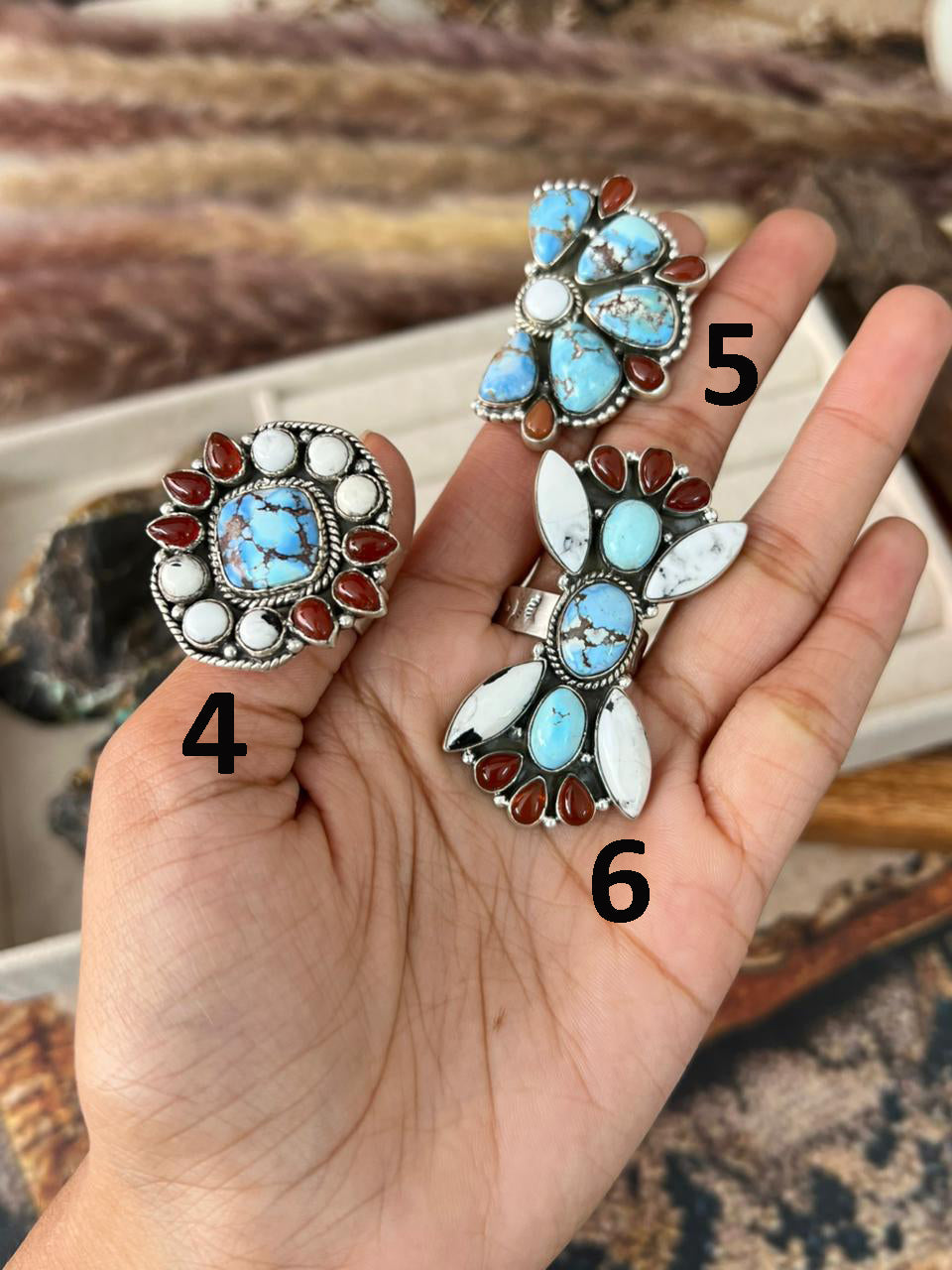 Handmade Sterling Silver Canyon Sunset Collection: Golden Hills Turquoise with White Buffalo and Carnelian Adjustable Ring "Signed Nizhoni"