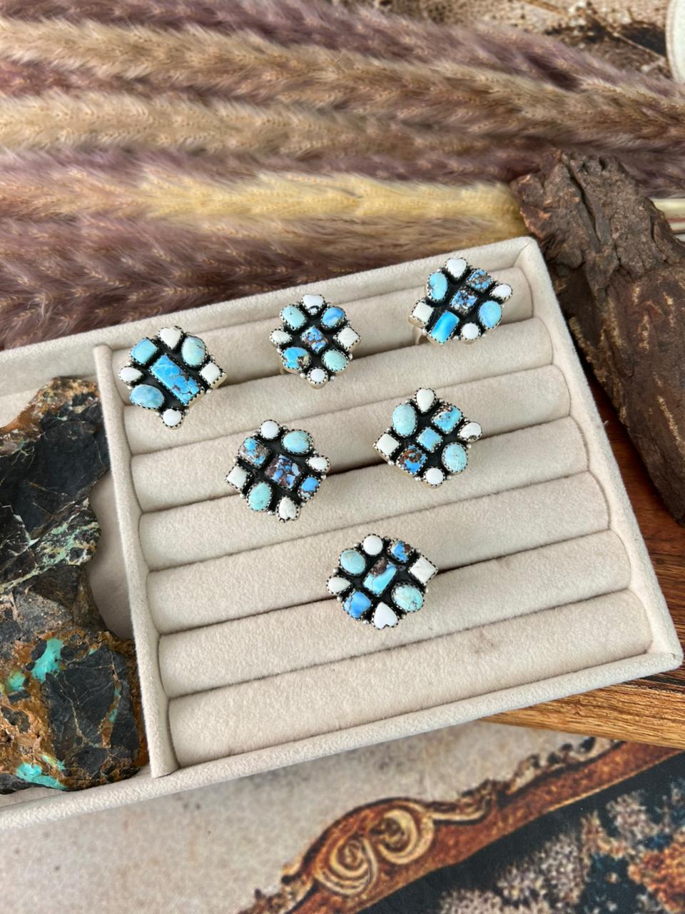 Handmade Sterling Silver Canyon Sunset Collection: Golden Hills Turquoise with White Buffalo Adjustable Ring "Signed Nizhoni"