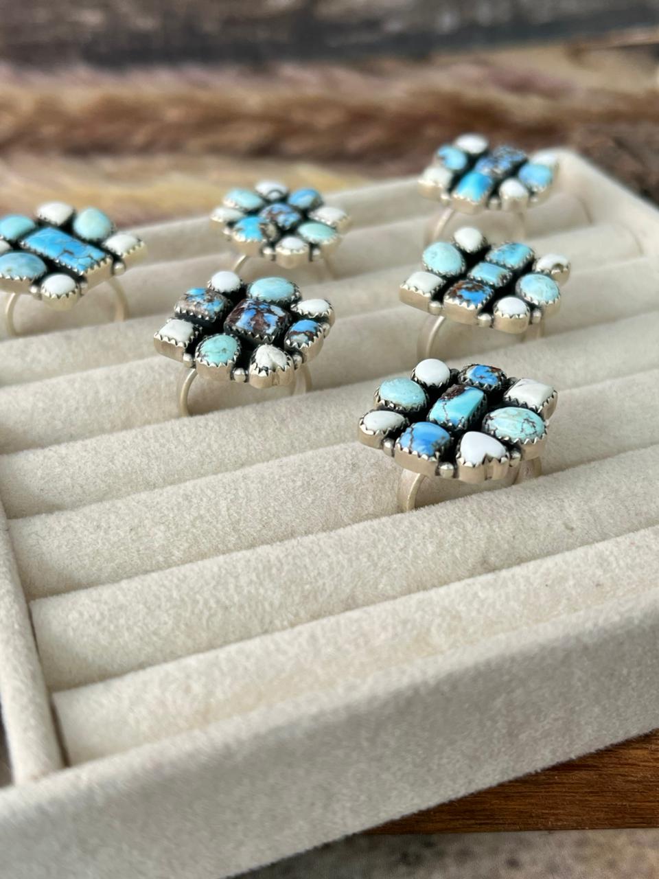 Handmade Sterling Silver Canyon Sunset Collection: Golden Hills Turquoise with White Buffalo Adjustable Ring "Signed Nizhoni"