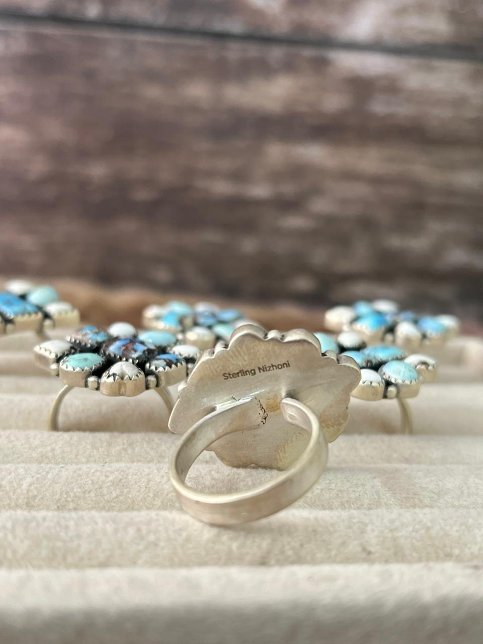 Handmade Sterling Silver Canyon Sunset Collection: Golden Hills Turquoise with White Buffalo Adjustable Ring "Signed Nizhoni"