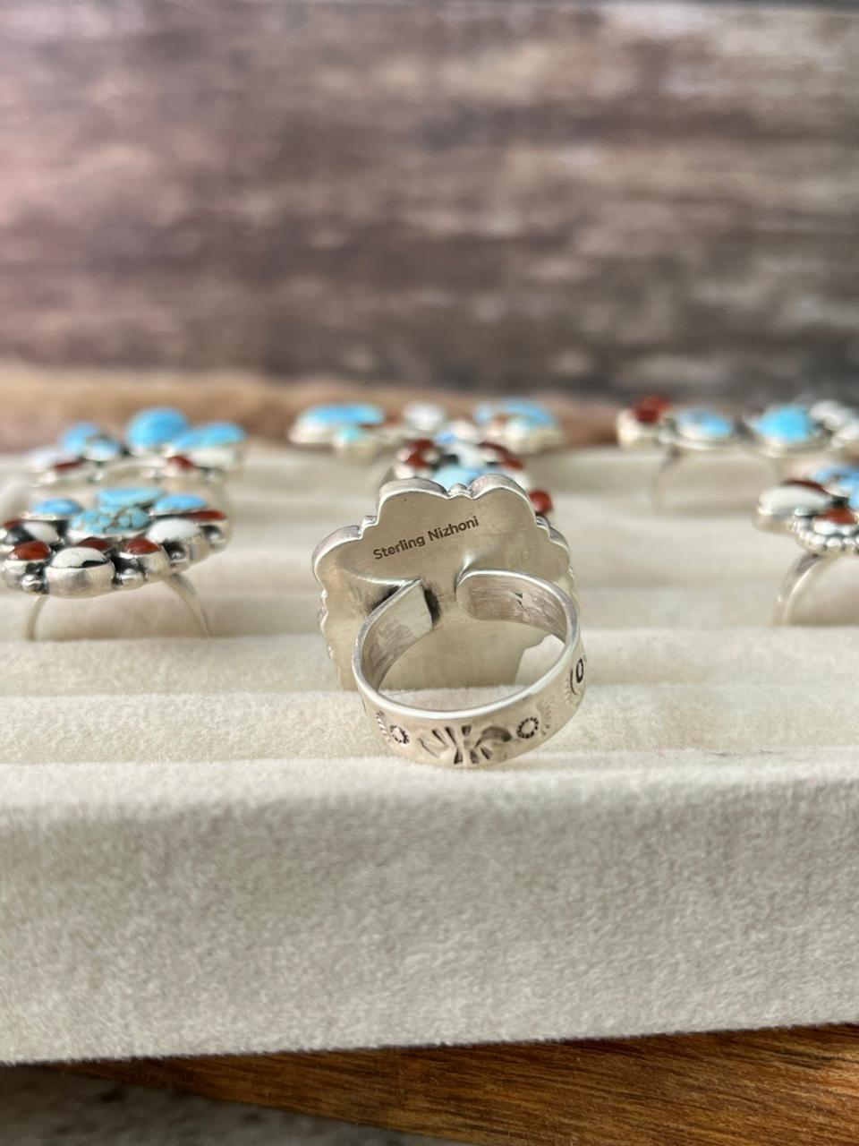 Handmade Sterling Silver Canyon Sunset Collection: Golden Hills Turquoise with White Buffalo and Carnelian Adjustable Ring "Signed Nizhoni"