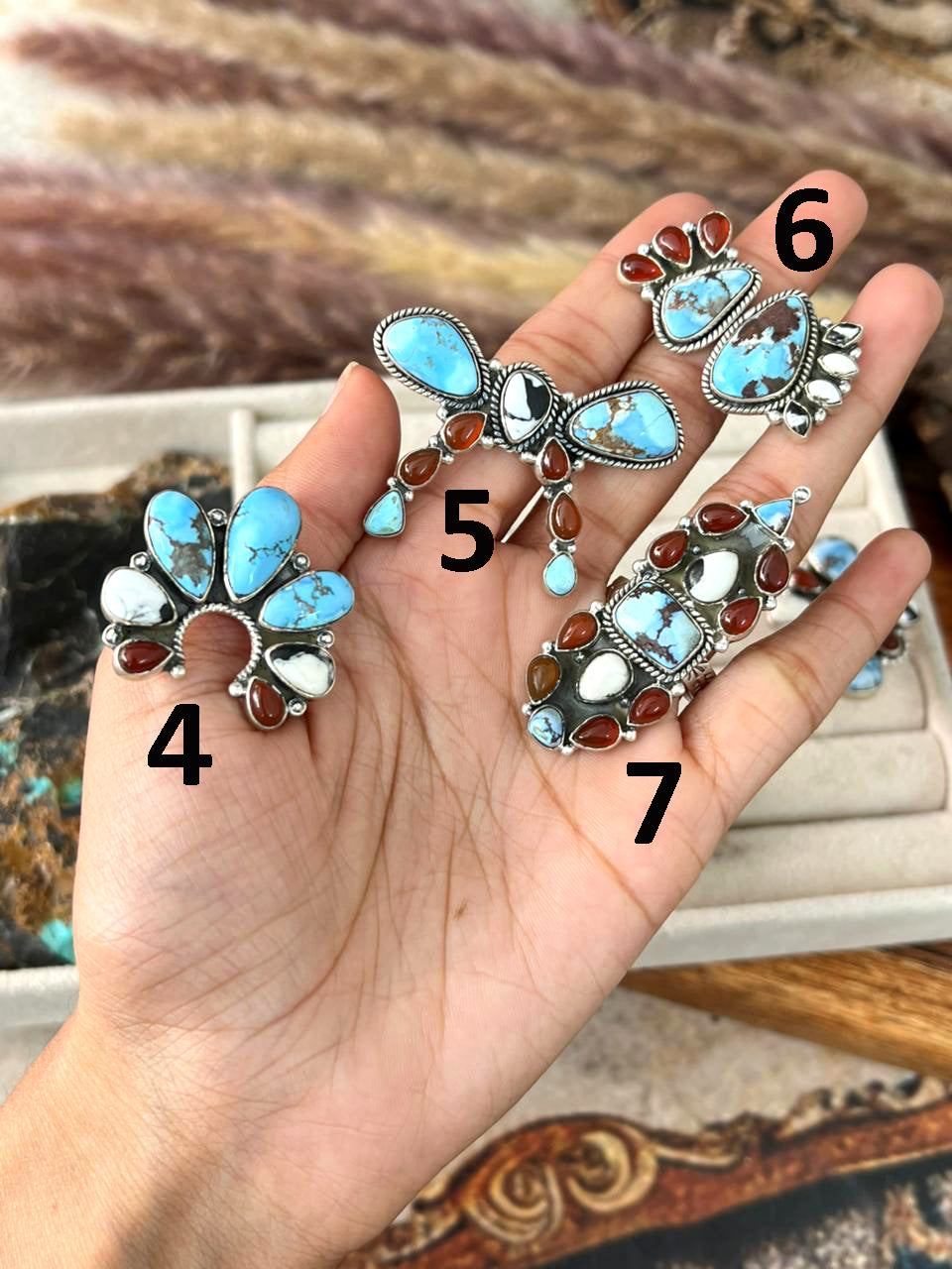 Handmade Sterling Silver Canyon Sunset Collection: Golden Hills Turquoise with White Buffalo and Carnelian Adjustable Ring "Signed Nizhoni"