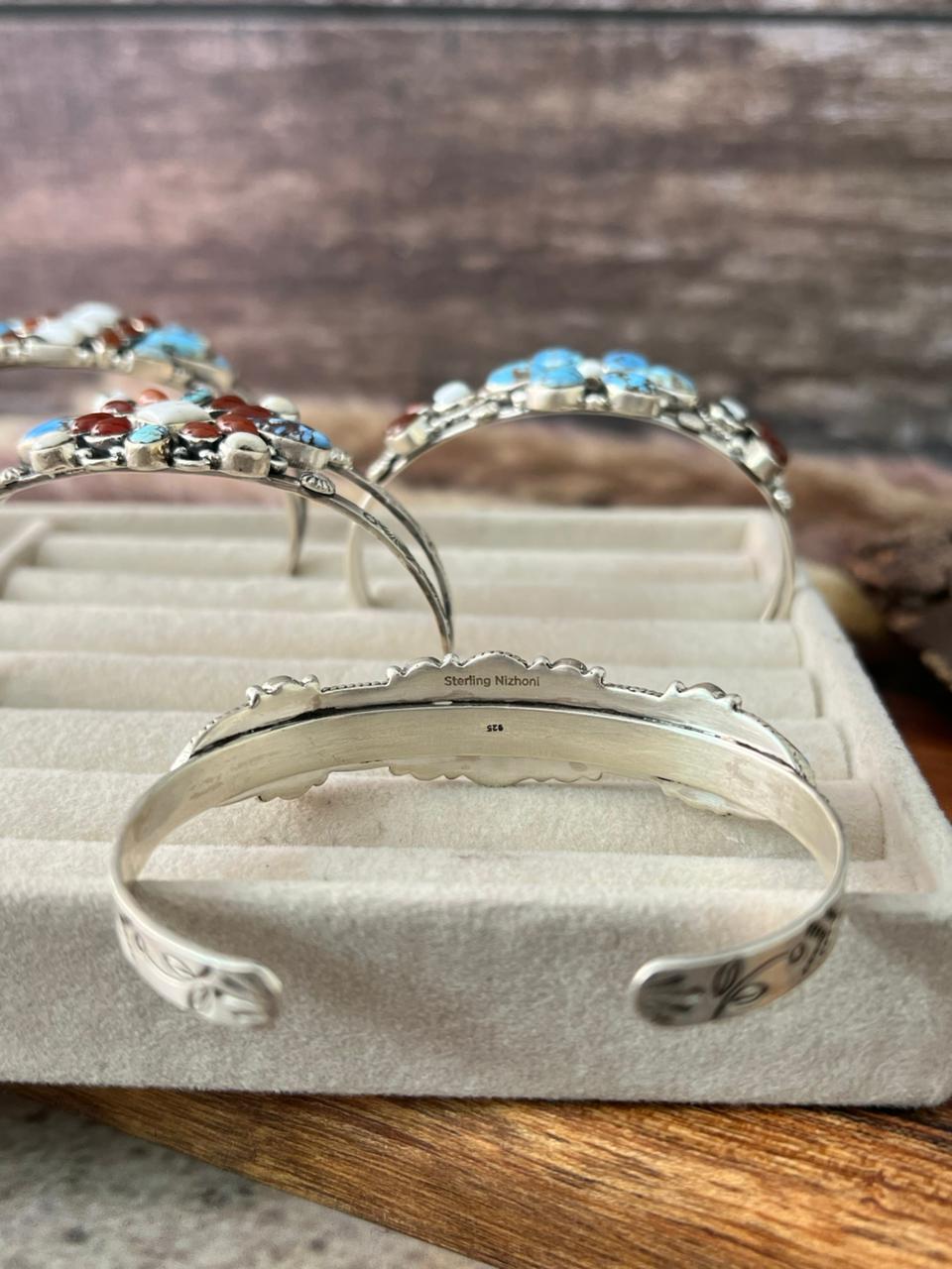 Handmade Sterling Silver Canyon Sunset Collection: Golden Hills Turquoise with White Buffalo and Carnelian Cuff Bracelet "Signed Nizhoni"
